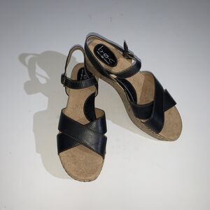 B.O.C Sandals Womens Size 10 Black Leather Slingback Cork Wedge Comfort Shoes